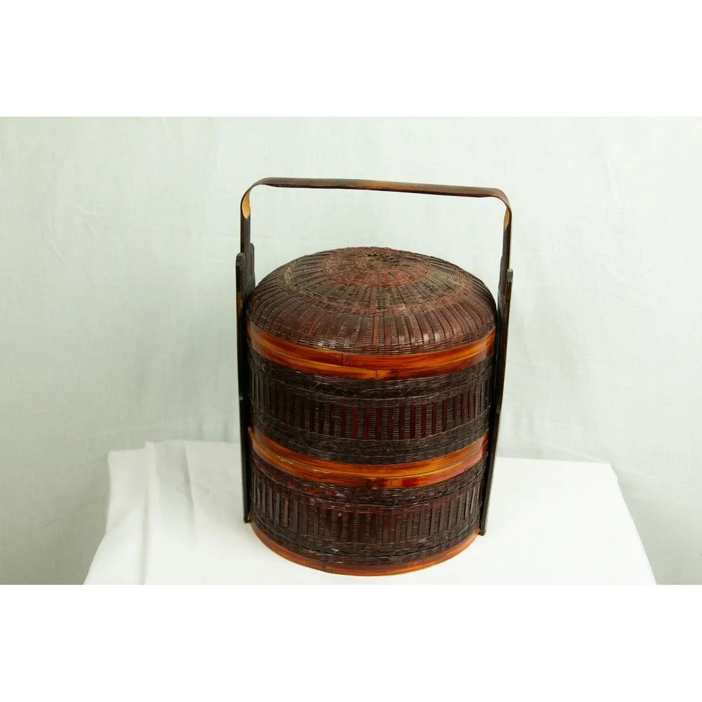 Vintage Chinese Wedding Basket 2 Tier Woven Bamboo Lacquered Picnic Carrier